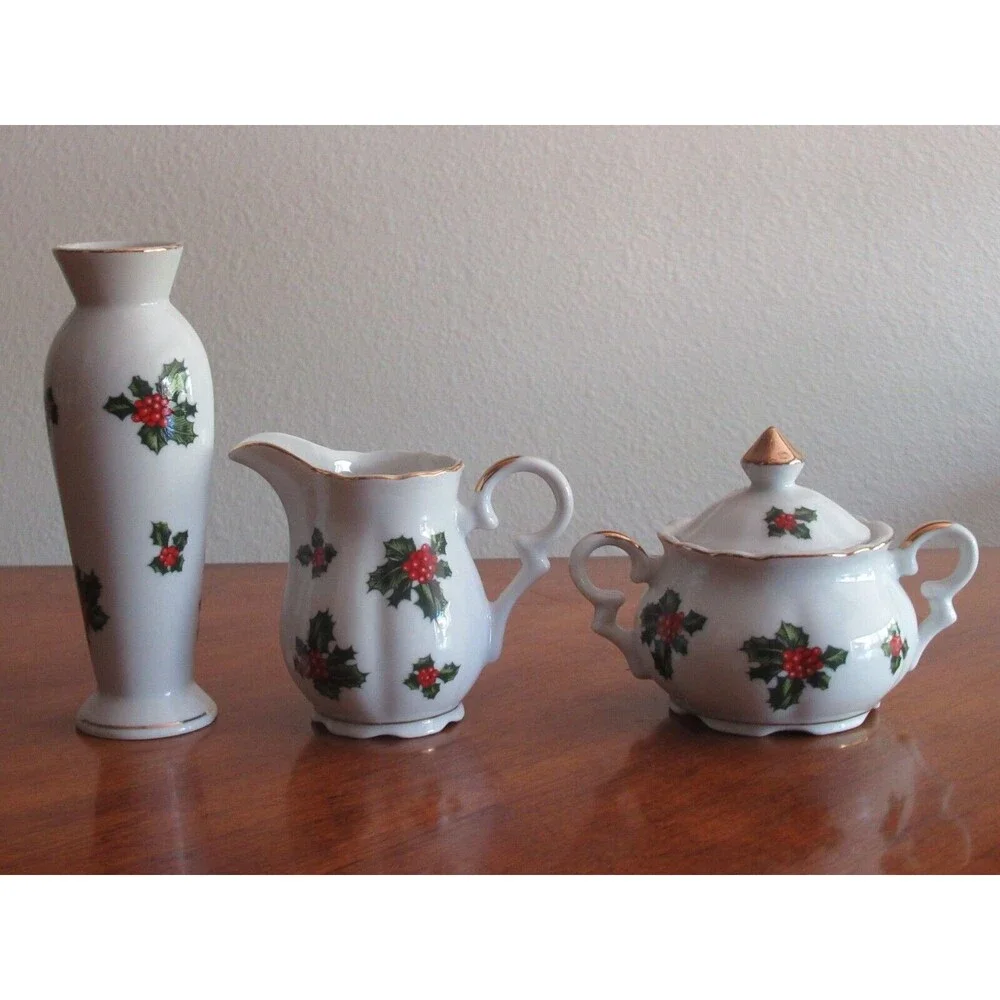 Lefton China Christmas Holly Berry Sugar Bowl Lidded Creamer Bud Vase Japan